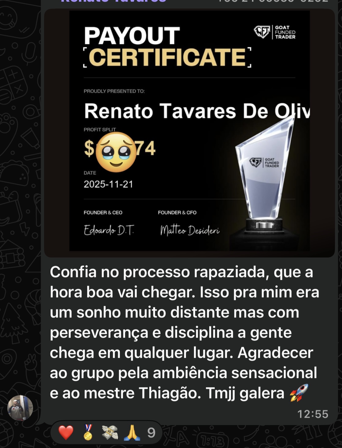 Certificado de saque de Renato Tavares